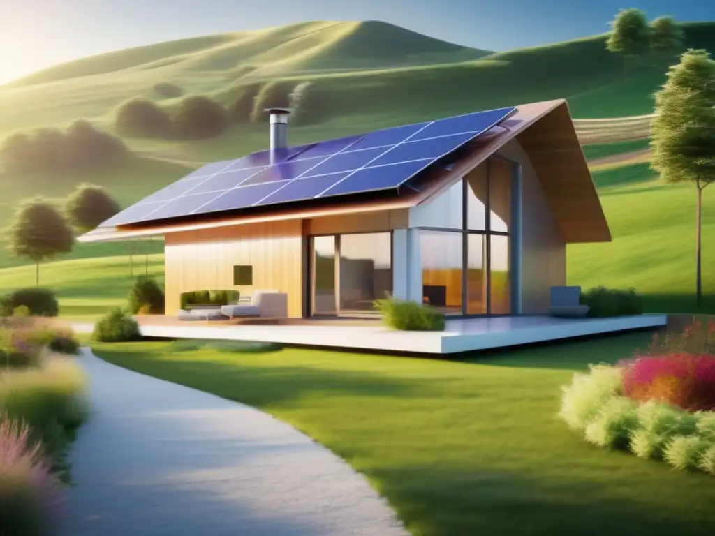 Casa ecológica con paneles solares y turbina eólica