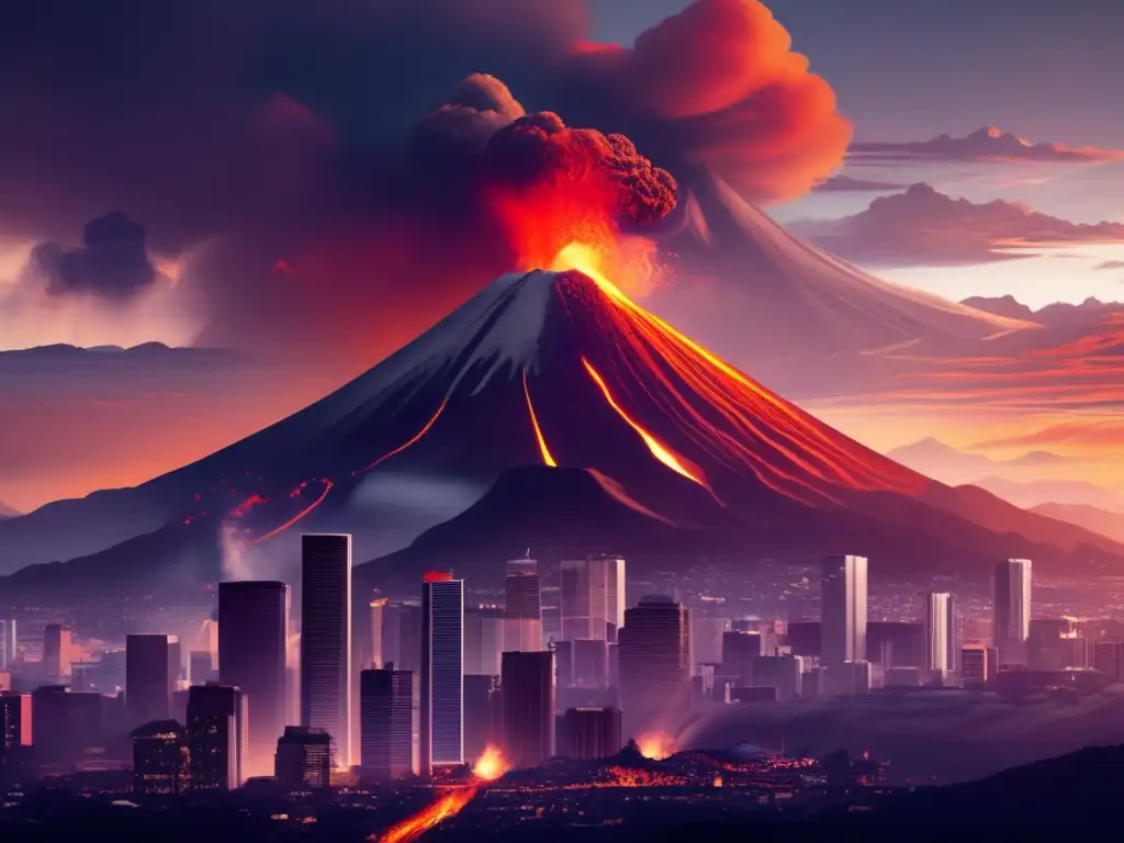 Ciudad con volcán activo y preparación para erupción volcánica