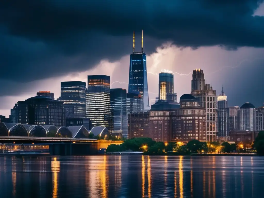 Impacto desastres ambientales en tecnología: ciudad nocturna con nubes tormentosas y lluvia intensa